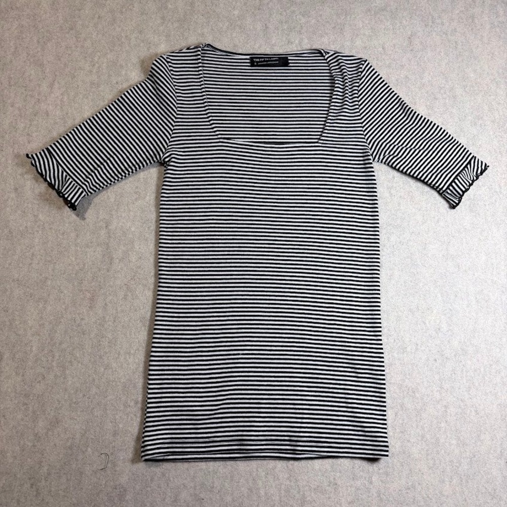 The Fifth Label Striped Top Womens M Black White Ribbed Ruffle Sleeve Preppy